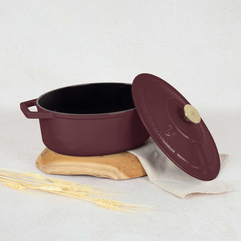  BH/6543, Asador ovalado de hierro fundido de 30 cm, Burdeos mate, Asador ovalado de 30 cm, hierro fundido, asador, asador ovalado, asador con tapa, utensilios para hornear, hornear, bandeja para asar