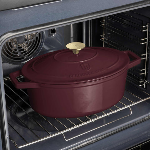  BH/6543, Asador ovalado de hierro fundido de 30 cm, Burdeos mate, Asador ovalado de 30 cm, hierro fundido, asador, asador ovalado, asador con tapa, utensilios para hornear, hornear, bandeja para asar