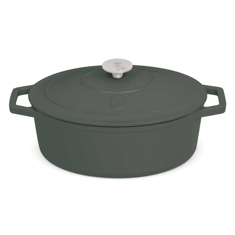  BH/6545, Asador ovalado de 30 cm de hierro fundido, Verde mate, Asador ovalado de 30 cm, hierro fundido, asador, asador ovalado, asador con tapa, utensilios para hornear, hornear, Bandeja para asar