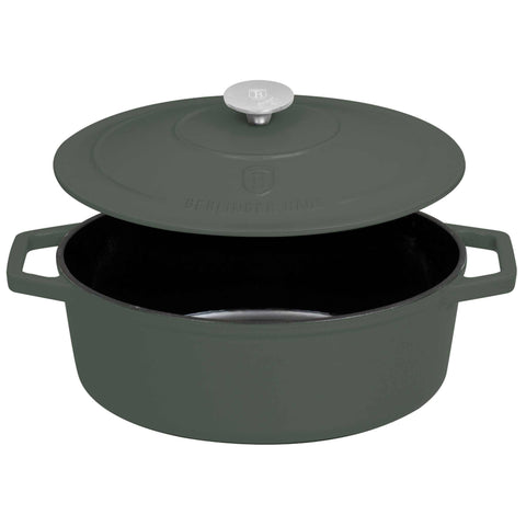  BH/6545, Asador ovalado de 30 cm de hierro fundido, Verde mate, Asador ovalado de 30 cm, hierro fundido, asador, asador ovalado, asador con tapa, utensilios para hornear, hornear, Bandeja para asar