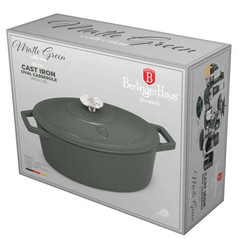  BH/6545, Asador ovalado de 30 cm de hierro fundido, Verde mate, Asador ovalado de 30 cm, hierro fundido, asador, asador ovalado, asador con tapa, utensilios para hornear, hornear, Bandeja para asar