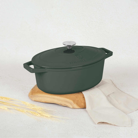  BH/6545, Asador ovalado de 30 cm de hierro fundido, Verde mate, Asador ovalado de 30 cm, hierro fundido, asador, asador ovalado, asador con tapa, utensilios para hornear, hornear, Bandeja para asar