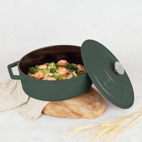  BH/6545, Asador ovalado de 30 cm de hierro fundido, Verde mate, Asador ovalado de 30 cm, hierro fundido, asador, asador ovalado, asador con tapa, utensilios para hornear, hornear, Bandeja para asar