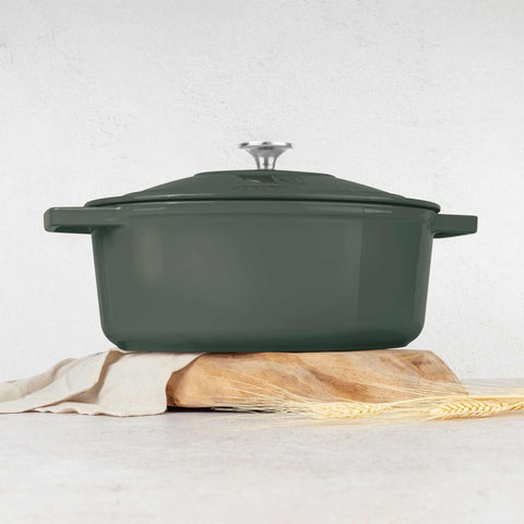  BH/6545, Asador ovalado de 30 cm de hierro fundido, Verde mate, Asador ovalado de 30 cm, hierro fundido, asador, asador ovalado, asador con tapa, utensilios para hornear, hornear, Bandeja para asar