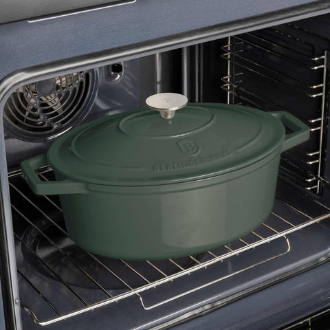  BH/6545, Asador ovalado de 30 cm de hierro fundido, Verde mate, Asador ovalado de 30 cm, hierro fundido, asador, asador ovalado, asador con tapa, utensilios para hornear, hornear, Bandeja para asar