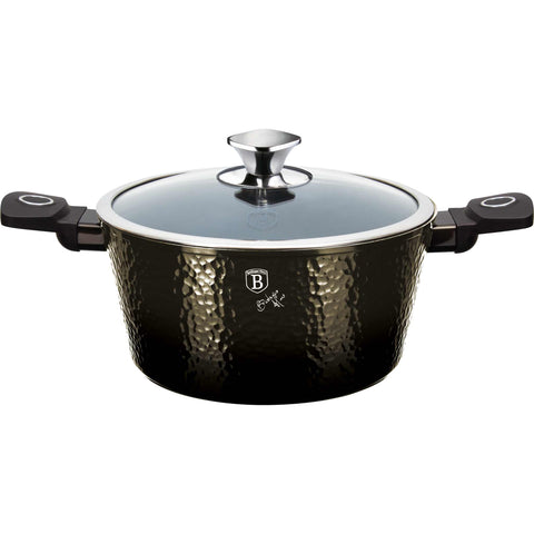 Product image of Casserole with lid 20cm. Part of the Primal Gloss Collection . Features: • Material: forged aluminum • Casserole with lid Ø20*10,4 cm 2,5L • Color: dark grey with black shadow and shining hammer effect REGISTERED DESIGN .... (Studio view). Official Berlinger Haus product, boosted by Promintra sl.