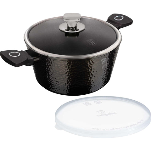 Product image of Casserole with lid 20cm. Part of the Primal Gloss Collection . Features: • Material: forged aluminum • Casserole with lid Ø20*10,4 cm 2,5L • Color: dark grey with black shadow and shining hammer effect REGISTERED DESIGN .... (Studio view). Official Berlinger Haus product, boosted by Promintra sl.