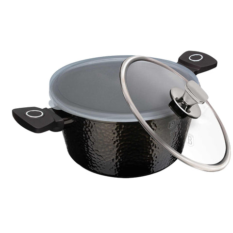 Product image of Casserole with lid 20cm. Part of the Primal Gloss Collection . Features: • Material: forged aluminum • Casserole with lid Ø20*10,4 cm 2,5L • Color: dark grey with black shadow and shining hammer effect REGISTERED DESIGN .... (Studio view). Official Berlinger Haus product, boosted by Promintra sl.