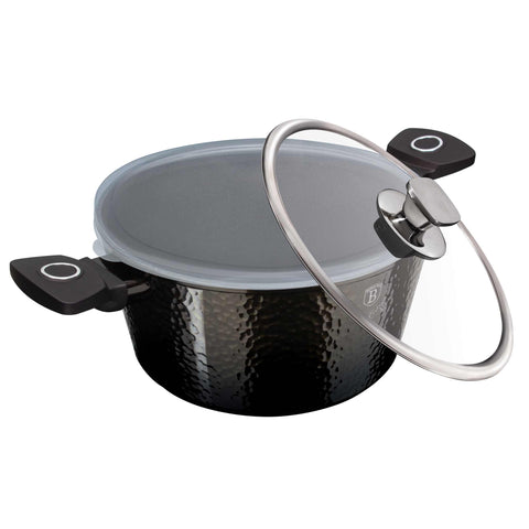 Product image of Casserole with lid 24cm. Part of the Primal Gloss Collection . Features: • Material: forged aluminum • Casserole with lid Ø24*11,8 cm 4,1L • Color: dark grey with black shadow and shining hammer effect REGISTERED DESIGN .... (Studio view). Official Berlinger Haus product, boosted by Promintra sl.