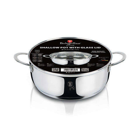 Product image of Shallow pot with lid 24cm. Part of the Silver Jewellery Collection . Features: • Material: 18/10 stainless steel • Shallow pot with lid Ø24*8 cm 3,2L • Color: stainless steel. (Studio view). Official Berlinger Haus product, boosted by Promintra sl.