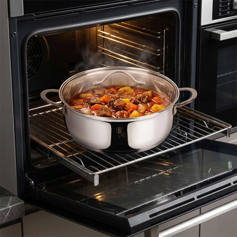 Product image of Shallow pot with lid 24cm. Part of the Silver Jewellery Collection . Features: • Material: 18/10 stainless steel • Shallow pot with lid Ø24*8 cm 3,2L • Color: stainless steel. (Studio view). Official Berlinger Haus product, boosted by Promintra sl.
