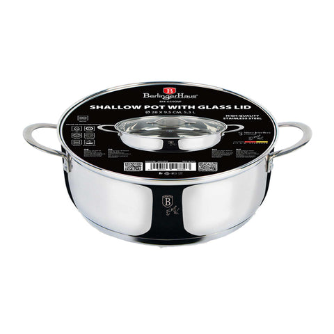 Product image of Shallow pot with lid 28cm. Part of the Silver Jewellery Collection . Features: • Material: 18/10 stainless steel • Shallow pot with lid Ø28*9,5 cm 5,3L • Color: stainless steel. (Studio view). Official Berlinger Haus product, boosted by Promintra sl.