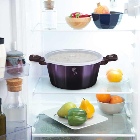 Product image of Casserole with lid 24cm. Part of the Purple Eclipse Collection . Features: • Material: forged aluminum • Casserole with lid Ø24*11,8 cm 4,1L • 1 pcs smart lid • STACKABLE - SPACE SAVING • Color: metallic purple with black .... (Lifestyle view). Official Berlinger Haus product, boosted by Promintra sl.