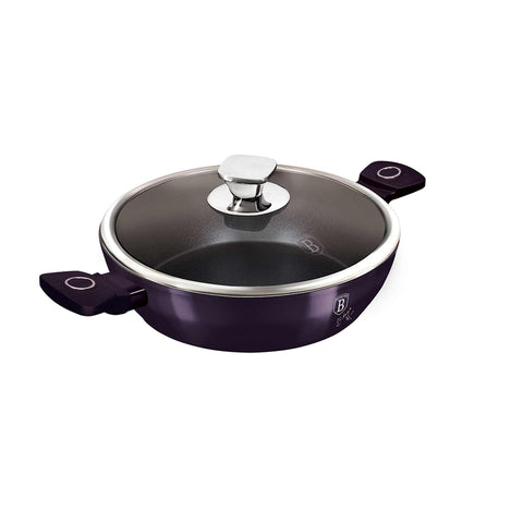 Product image of Shallow pot with lid 24cm. Part of the Purple Eclipse Collection . Features: • Material: forged aluminum • Shallow pot with lid Ø24*6,5 cm 2,3L • Color: metallic purple with black shadow shadow REGISTERED DESIGN BY BERLINGER.... (Studio view). Official Berlinger Haus product, boosted by Promintra sl.