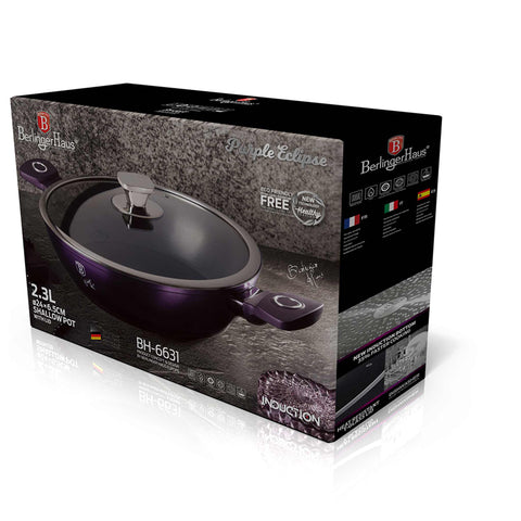 Product image of Shallow pot with lid 24cm. Part of the Purple Eclipse Collection . Features: • Material: forged aluminum • Shallow pot with lid Ø24*6,5 cm 2,3L • Color: metallic purple with black shadow shadow REGISTERED DESIGN BY BERLINGER.... (Studio view). Official Berlinger Haus product, boosted by Promintra sl.