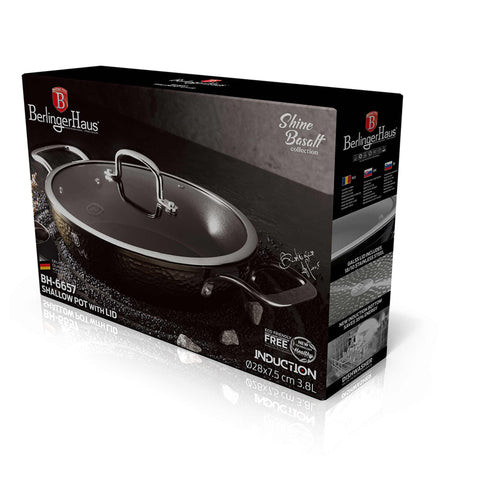 Product image of Shallow pot with lid 28cm. Part of the Shine Basalt Collection . Features: • Material: forged aluminum • Shallow pot with lid Ø28*7,5 cm 3,8L • Color: black with shining hammer effect REGISTERED DESIGN BY BERLINGER HAUS!. (Studio view). Official Berlinger Haus product, boosted by Promintra sl.