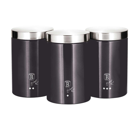 Product image of 3pcs canister set. Part of the Metallic Line Carbon Pro Edition . Features: • Material: stainless steel • Include: • Sugar canister Ø11*17,8 cm • Tea canister Ø11*17,8 cm • Coffee canister Ø11*17,8 cm • Outside color: metal.... (Studio view). Official Berlinger Haus product, boosted by Promintra sl.