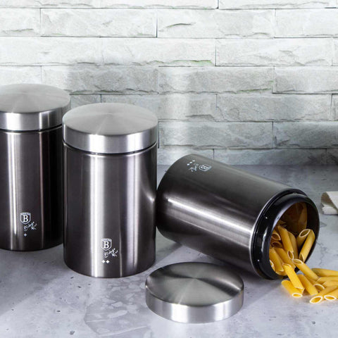  BH/6718, juego de 3 botes, gris oscuro, juego de botes a., juego de botes, botes de cocina, contenedores de almacenamiento, almacenamiento de alimentos, bote