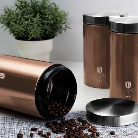 Product image of 3pcs canister set. Part of the Metallic Line Rose Gold Edition . Features: • Material: stainless steel • Include: • Sugar canister Ø11*17,8 cm • Tea canister Ø11*17,8 cm • Coffee canister Ø11*17,8 cm • Outside color: metal.... (Lifestyle view). Official Berlinger Haus product, boosted by Promintra sl.