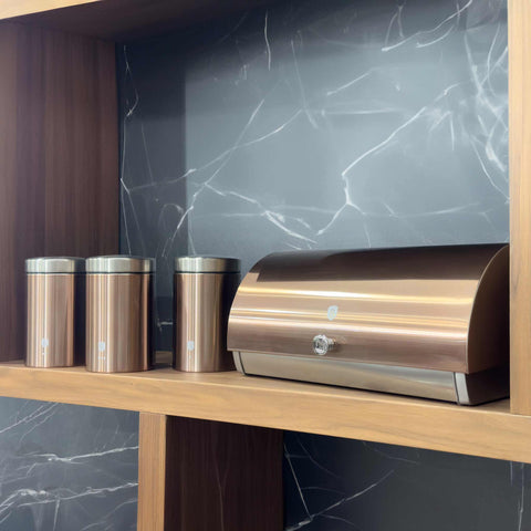  BH/6730, Panera con juego de 3 recipientes, Oro rosa, Panera con juego de recipientes, Juego de recipientes, Botes de cocina, Contenedores de almacenamiento, Panera, Panera, Almacenamiento de alimentos