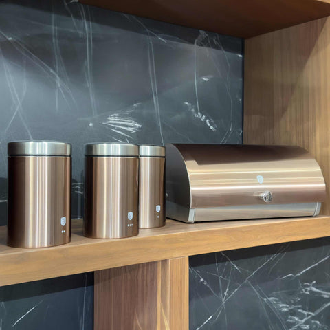  BH/6730, Panera con juego de 3 recipientes, Oro rosa, Panera con juego de recipientes, Juego de recipientes, Botes de cocina, Contenedores de almacenamiento, Panera, Panera, Almacenamiento de alimentos