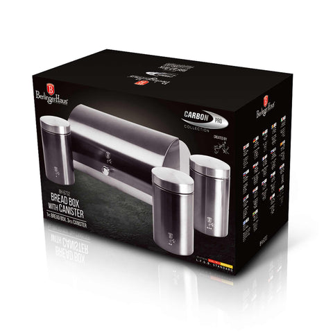 Product image of Bread box with 3pcs canister set. Part of the Metallic Line Carbon Pro Edition . Features: • Material: stainless steel • Include: • Bread box 38,5*28*18,5 cm • Sugar canister Ø11*17,8 cm • Tea canister Ø11*17,8 cm • Coffee canister Ø11*17.... (Studio view). Official Berlinger Haus product, boosted by Promintra sl.