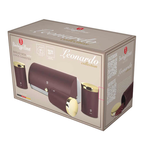 Product image of Bread box with 3pcs canister set. Part of the Leonardo Collection . Features: • Material: stainless steel • Include: • Bread box 38,5*28*18,5 cm • Sugar canister Ø11*17,8 cm • Tea canister Ø11*17,8 cm • Coffee canister Ø11*17.... (Studio view). Official Berlinger Haus product, boosted by Promintra sl.