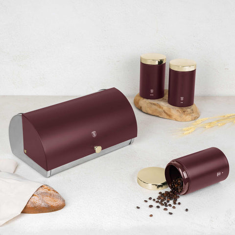 Product image of Bread box with 3pcs canister set. Part of the Leonardo Collection . Features: • Material: stainless steel • Include: • Bread box 38,5*28*18,5 cm • Sugar canister Ø11*17,8 cm • Tea canister Ø11*17,8 cm • Coffee canister Ø11*17.... (Studio view). Official Berlinger Haus product, boosted by Promintra sl.