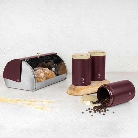Product image of Bread box with 3pcs canister set. Part of the Leonardo Collection . Features: • Material: stainless steel • Include: • Bread box 38,5*28*18,5 cm • Sugar canister Ø11*17,8 cm • Tea canister Ø11*17,8 cm • Coffee canister Ø11*17.... (Studio view). Official Berlinger Haus product, boosted by Promintra sl.