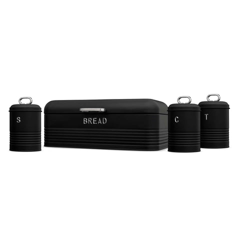 Product image of Bread box with 3pcs canister set. Part of the Black Vantage Collection/Matte Black Collection/Black Silver Collection . Features: • Material: carbon steel • Bread box 42,5*23*16 cm • Sugar canister Ø11,5*15-19 cm • Tea canister Ø11,5*15-19 cm • Coffee canister Ø11,5*15-19 cm •.... (Studio view). Official Berlinger Haus product, boosted by Promintra sl.