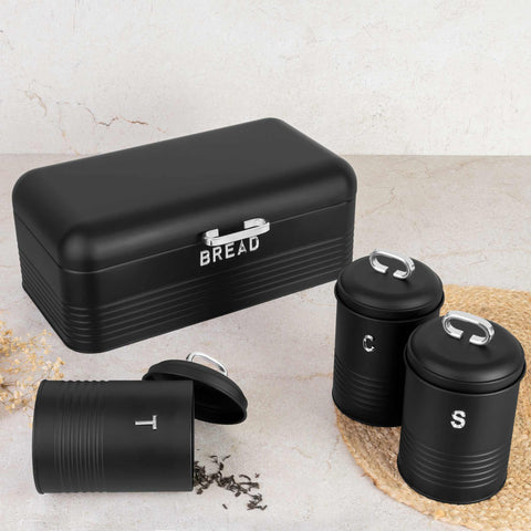 Product image of Bread box with 3pcs canister set. Part of the Black Vantage Collection/Matte Black Collection/Black Silver Collection . Features: • Material: carbon steel • Bread box 42,5*23*16 cm • Sugar canister Ø11,5*15-19 cm • Tea canister Ø11,5*15-19 cm • Coffee canister Ø11,5*15-19 cm •.... (Studio view). Official Berlinger Haus product, boosted by Promintra sl.