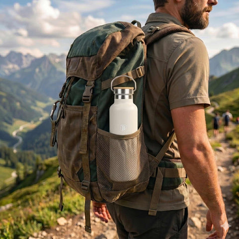 Product image of Flask with bamboo lid 0,6L. Part of the Sahara Collection . Features: • Material: 18/10 stainless steel with matt powder coating • Bamboo lid • Capacity: 0,6 L • Color: matt cream • Packing: giftbox. (Studio view). Official Berlinger Haus product, boosted by Promintra sl.