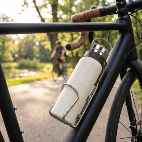 Product image of Flask with bamboo lid 0,6L. Part of the Sahara Collection . Features: • Material: 18/10 stainless steel with matt powder coating • Bamboo lid • Capacity: 0,6 L • Color: matt cream • Packing: giftbox. (Studio view). Official Berlinger Haus product, boosted by Promintra sl.