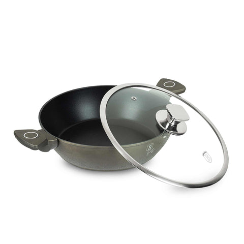 Product image of Shallow pot with lid 28cm. Part of the Crystal Collection . Features: • Material: forged aluminum with non-stick coating • Shallow pot with lid Ø28*7,5 cm 3,8L • Color: dark champagne REGISTERED DESIGN BY BERLINGER HAUS!. (Studio view). Official Berlinger Haus product, boosted by Promintra sl.
