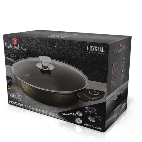 Product image of Shallow pot with lid 28cm. Part of the Crystal Collection . Features: • Material: forged aluminum with non-stick coating • Shallow pot with lid Ø28*7,5 cm 3,8L • Color: dark champagne REGISTERED DESIGN BY BERLINGER HAUS!. (Studio view). Official Berlinger Haus product, boosted by Promintra sl.