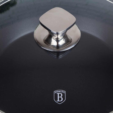 Product image of Shallow pot with lid 28cm. Part of the Crystal Collection . Features: • Material: forged aluminum with non-stick coating • Shallow pot with lid Ø28*7,5 cm 3,8L • Color: dark champagne REGISTERED DESIGN BY BERLINGER HAUS!. (Studio view). Official Berlinger Haus product, boosted by Promintra sl.