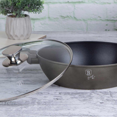 Product image of Shallow pot with lid 28cm. Part of the Crystal Collection . Features: • Material: forged aluminum with non-stick coating • Shallow pot with lid Ø28*7,5 cm 3,8L • Color: dark champagne REGISTERED DESIGN BY BERLINGER HAUS!. (Studio view). Official Berlinger Haus product, boosted by Promintra sl.