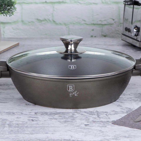 Product image of Shallow pot with lid 28cm. Part of the Crystal Collection . Features: • Material: forged aluminum with non-stick coating • Shallow pot with lid Ø28*7,5 cm 3,8L • Color: dark champagne REGISTERED DESIGN BY BERLINGER HAUS!. (Studio view). Official Berlinger Haus product, boosted by Promintra sl.