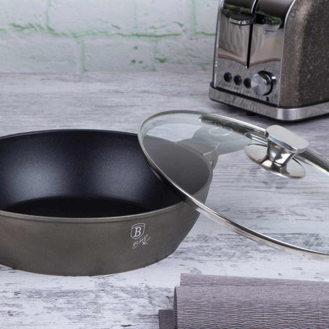 Product image of Shallow pot with lid 28cm. Part of the Crystal Collection . Features: • Material: forged aluminum with non-stick coating • Shallow pot with lid Ø28*7,5 cm 3,8L • Color: dark champagne REGISTERED DESIGN BY BERLINGER HAUS!. (Studio view). Official Berlinger Haus product, boosted by Promintra sl.