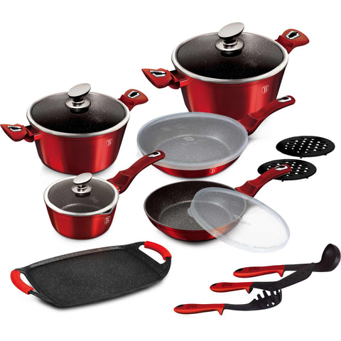  BH/6781, Juego de utensilios de cocina de 14 + 2 piezas, color burdeos, rojo, juego de utensilios de cocina de 14 + 2 piezas, utensilios de cocina inteligentes, juego de utensilios de cocina, ollas, juego de ollas, juego, herramientas de cocina, parrilla, cocina, utensilios de cocina, ollas y cazuelas