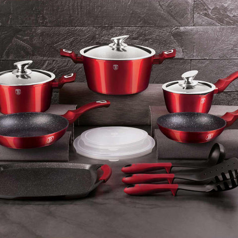  BH/6781, Juego de utensilios de cocina de 14 + 2 piezas, color burdeos, rojo, juego de utensilios de cocina de 14 + 2 piezas, utensilios de cocina inteligentes, juego de utensilios de cocina, ollas, juego de ollas, juego, herramientas de cocina, parrilla, cocina, utensilios de cocina, ollas y cazuelas