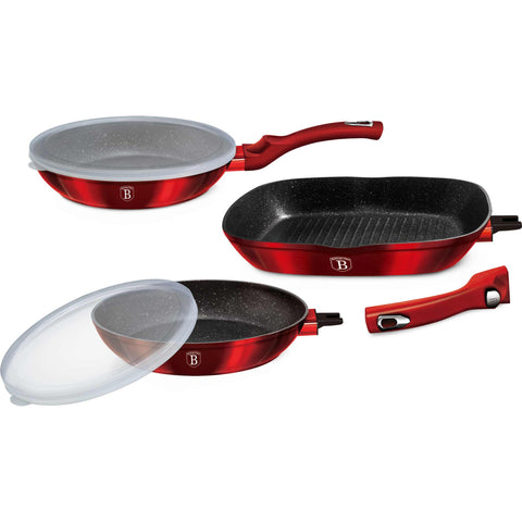 BH/6796, BH/1289NF, juego de 5 sartenes con mango desmontable, burdeos, rojo, juego de 5 sartenes, mango desmontable, utensilios de cocina inteligentes, sartén, juego de sartenes, sartén, juego de sartenes, sartén para parrilla, utensilios de cocina, cocina