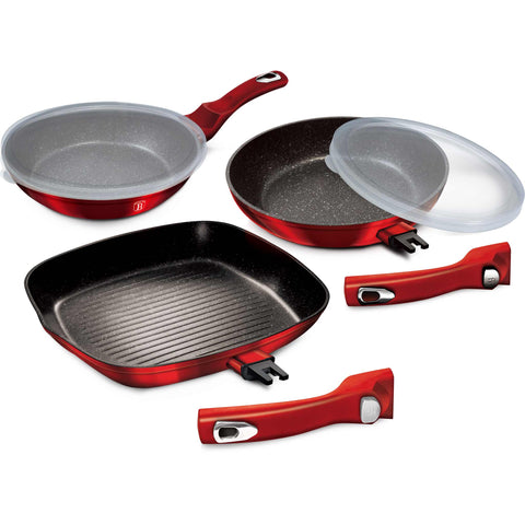 BH/6796, BH/1289NF, juego de 5 sartenes con mango desmontable, burdeos, rojo, juego de 5 sartenes, mango desmontable, utensilios de cocina inteligentes, sartén, juego de sartenes, sartén, juego de sartenes, sartén para parrilla, utensilios de cocina, cocina