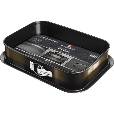 Product image of Rectangle springform 39x27cm. Part of the Metallic Line Shiny Black Edition . Features: • Material: carbon steel with titan non-stick coating • Size: 35*23*6,5 cm • Base size: 39*27 cm • Color: metallic black. (Studio view). Official Berlinger Haus product, boosted by Promintra sl.