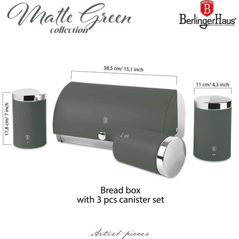 Product image of Bread box with 3pcs canister set. Part of the Matte Green Collection . Features: • Material: stainless steel • Include: • Bread box 38,5*28*18,5 cm • Sugar canister Ø11*17,8 cm • Tea canister Ø11*17,8 cm • Coffee canister Ø11*17.... (Studio view). Official Berlinger Haus product, boosted by Promintra sl.