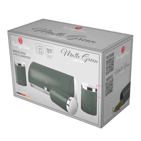 Product image of Bread box with 3pcs canister set. Part of the Matte Green Collection . Features: • Material: stainless steel • Include: • Bread box 38,5*28*18,5 cm • Sugar canister Ø11*17,8 cm • Tea canister Ø11*17,8 cm • Coffee canister Ø11*17.... (Studio view). Official Berlinger Haus product, boosted by Promintra sl.