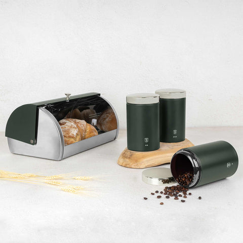 Product image of Bread box with 3pcs canister set. Part of the Matte Green Collection . Features: • Material: stainless steel • Include: • Bread box 38,5*28*18,5 cm • Sugar canister Ø11*17,8 cm • Tea canister Ø11*17,8 cm • Coffee canister Ø11*17.... (Studio view). Official Berlinger Haus product, boosted by Promintra sl.