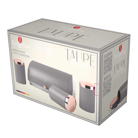 Product image of Bread box with 3pcs canister set. Part of the Taupe Collection . Features: • Material: stainless steel • Include: • Bread box 38,5*28*18,5 cm • Sugar canister Ø11*17,8 cm • Tea canister Ø11*17,8 cm • Coffee canister Ø11*17.... (Studio view). Official Berlinger Haus product, boosted by Promintra sl.