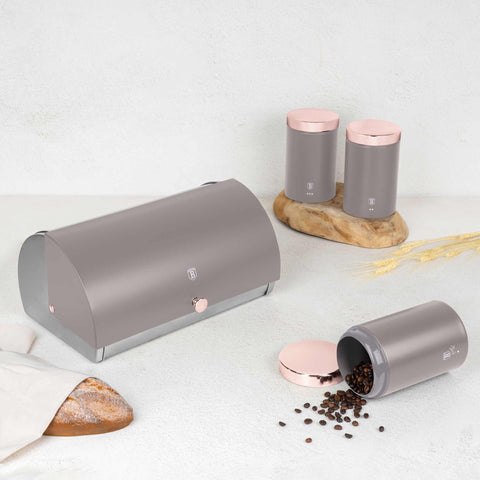 Product image of Bread box with 3pcs canister set. Part of the Taupe Collection . Features: • Material: stainless steel • Include: • Bread box 38,5*28*18,5 cm • Sugar canister Ø11*17,8 cm • Tea canister Ø11*17,8 cm • Coffee canister Ø11*17.... (Studio view). Official Berlinger Haus product, boosted by Promintra sl.
