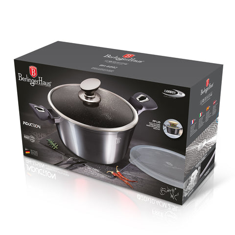 Product image of Casserole with lid 20cm. Part of the Metallic Line Carbon Pro Edition . Features: • Material: forged aluminum • Casserole with lid Ø20*10,4 cm 2,5L • 1 pcs smart lid • STACKABLE - SPACE SAVING • Color: metallic dark grey REGISTER.... (Studio view). Official Berlinger Haus product, boosted by Promintra sl.